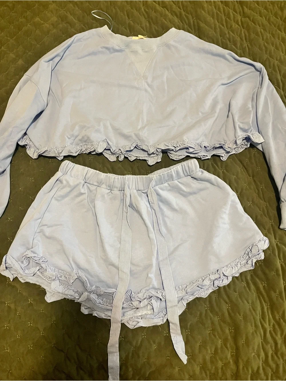 Peach Love California Light Blue Ruffle Crop Sweatshirt & Shorts Set